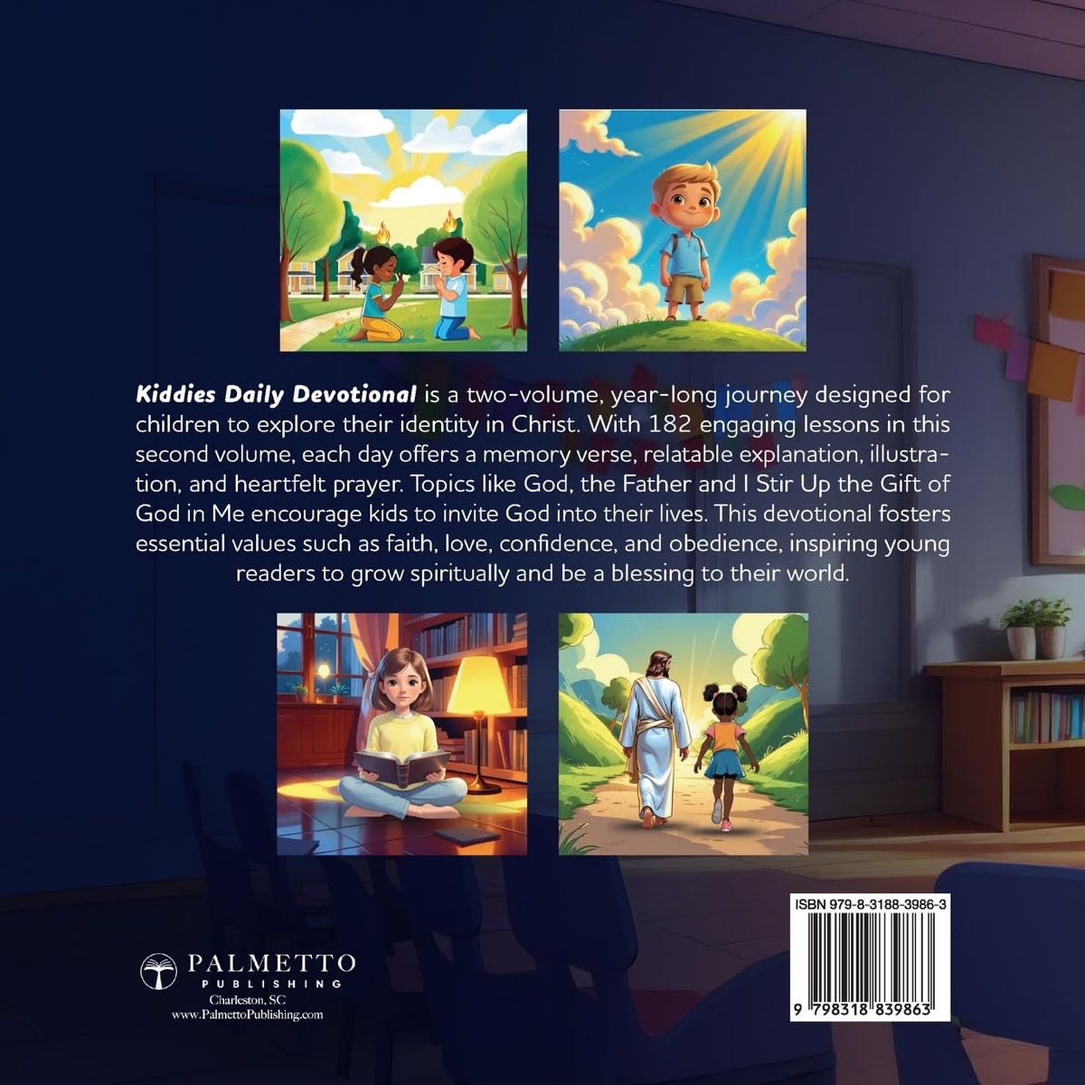 Back cover of Kiddies Daily Devotional Volume 2 showing four interior illustrations and the book description