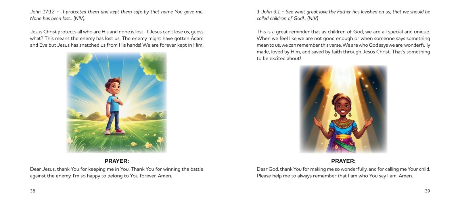 Pages 38 and 39 of Kiddies Daily Devotional Volume 2: devotionals on John 17:12 and 1 John 3:1, each with a short reading, an illustration of a smiling child in light, and a prayer